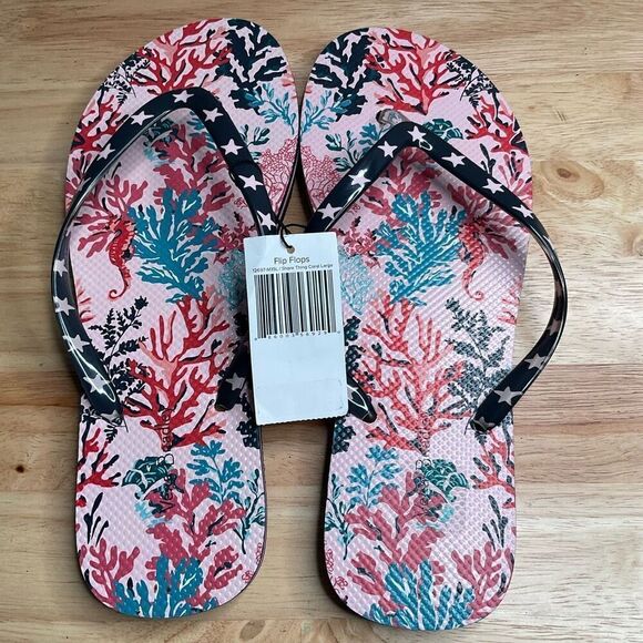 Vera Bradley SHORE THING Women's Flip Flops Large Pink Sea Horses Corals Beachy - Picture 2 of 10